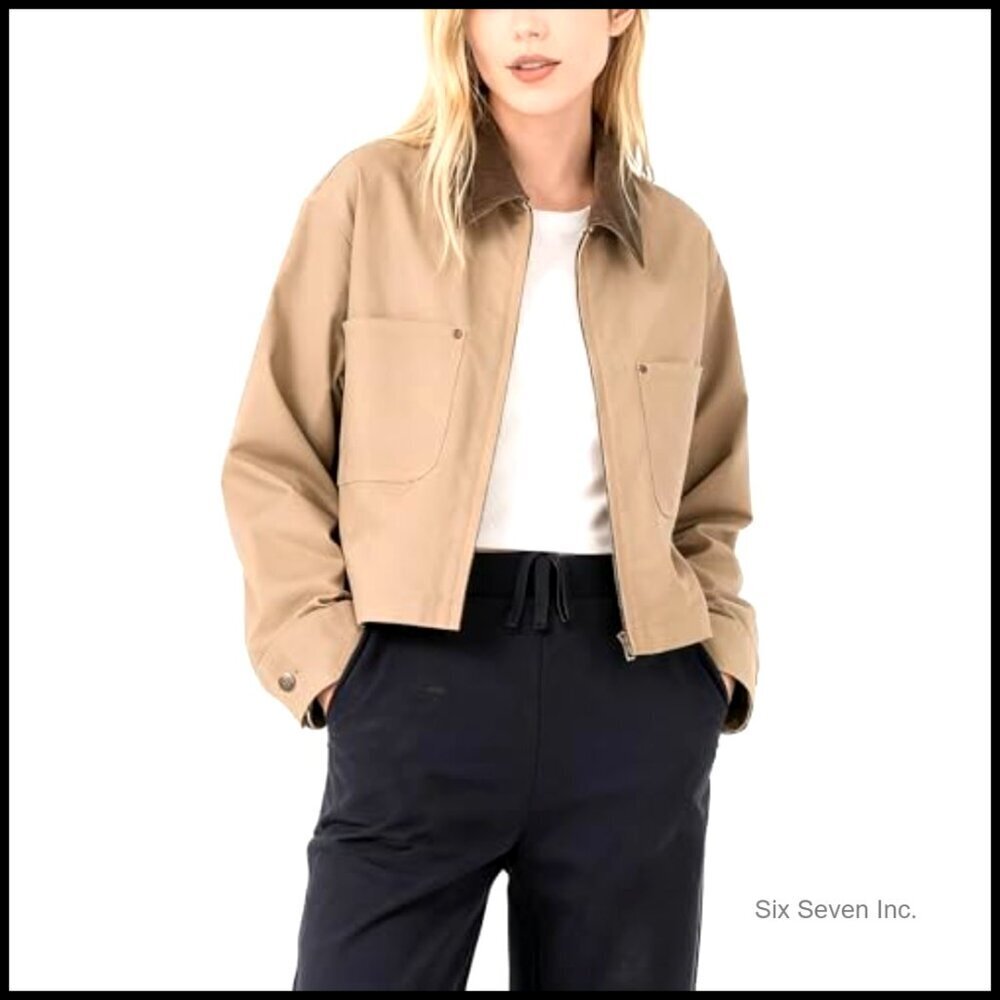 Cropped Bomber Jacket Corduroy Collar Lightweight Utility Zip Up Workwear Chic - Picture 2 of 7